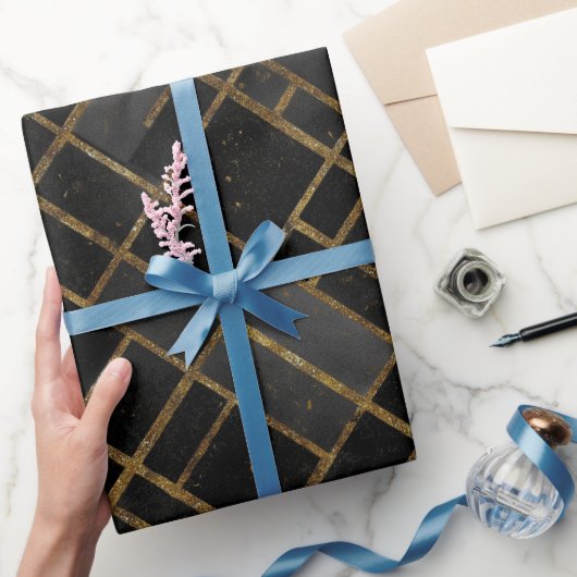 Zeitgenössisches Schwarz-Gold-Geometrisches-Abstra Geschenkpapier (Schenken)