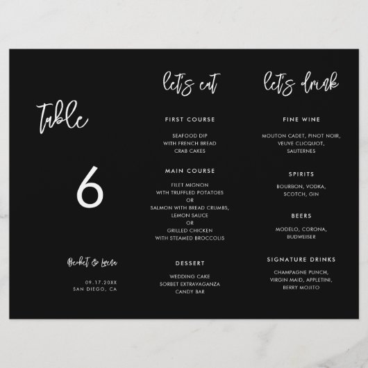 Zeitgenössisches Schwarzes Menü und Tischnummer dr (Vorderseite)