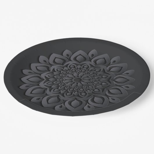 Zeitgenössisches schwarzes Papier schneiden Mandal Pappteller (Schrägansicht)