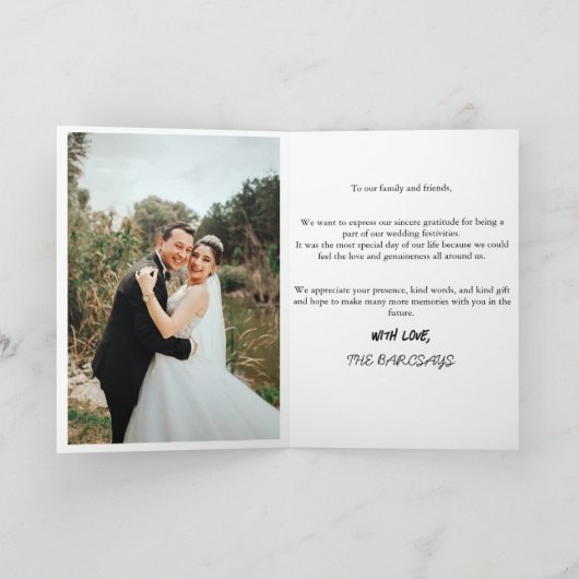 Zeitgenössisches Script Heart Wedding Foto Dankeskarte (Innenseite)