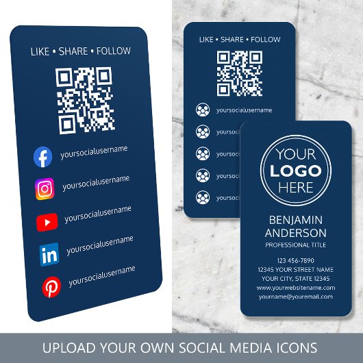 Zeitgenössisches Social-Media-Logo QR-Code Navy Visitenkarte