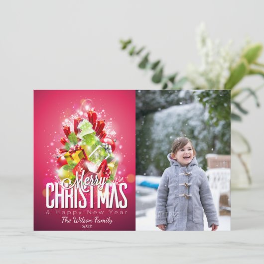 Zeitgenössisches Weihnachtsbaum & Geschenke-Foto Karte (Stehend Vorderseite)