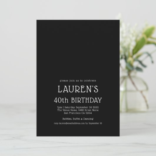 Zeitgenössisches Weißschwarz 40. Geburtstag Party Einladung (Stehend Vorderseite)