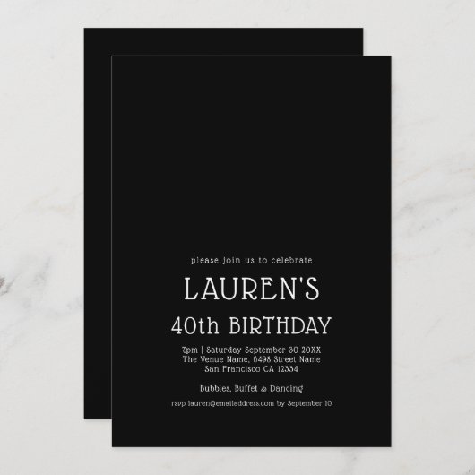 Zeitgenössisches Weißschwarz 40. Geburtstag Party Einladung (Vorne/Hinten)