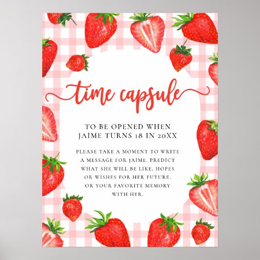 Zeitkapsel | Pink Strawberry Gingham Birthday Poster (Vorne)