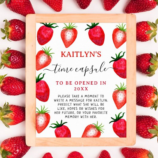 Zeitkapselunterschrift | Strawberry Birthday Party Poster