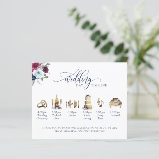 Zeitleiste des Blue Burgundy Berry Wedding Program (Stehend Vorderseite)