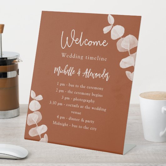 Zeitleiste des Hochzeitsprogramms für Burnt orange Sockelschild (In Situ)