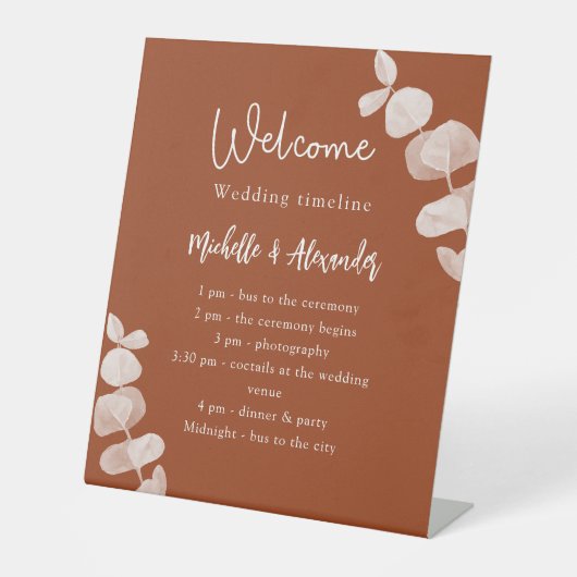 Zeitleiste des Hochzeitsprogramms für Burnt orange Sockelschild (Vorderseite)