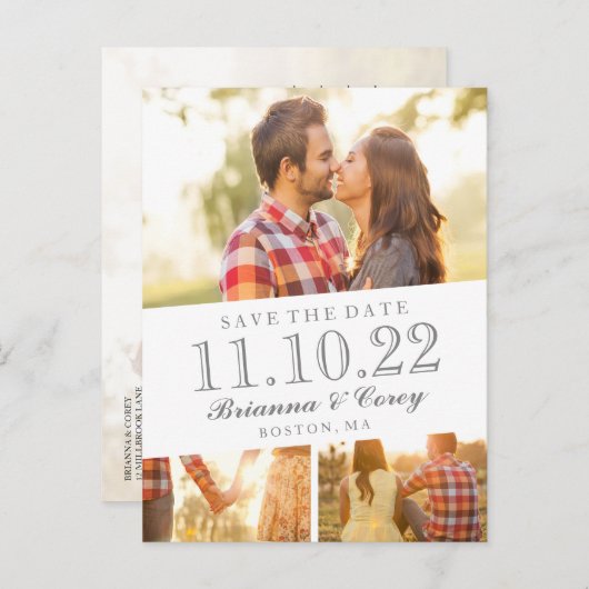 Zeitlos 3-Foto Save the Date Ankündigungspostkarte (Vorne/Hinten)