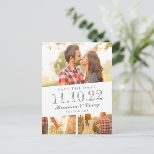 Zeitlos 3-Foto Save the Date Ankündigungspostkarte (Stehend Vorderseite)