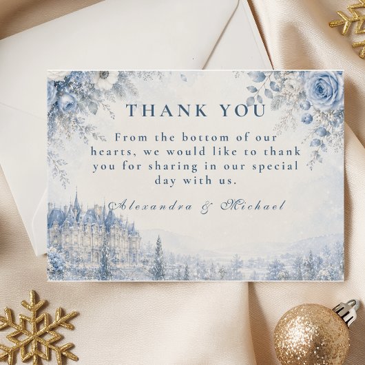 Zeitlos blaue Winterhochzeit Dankeskarte