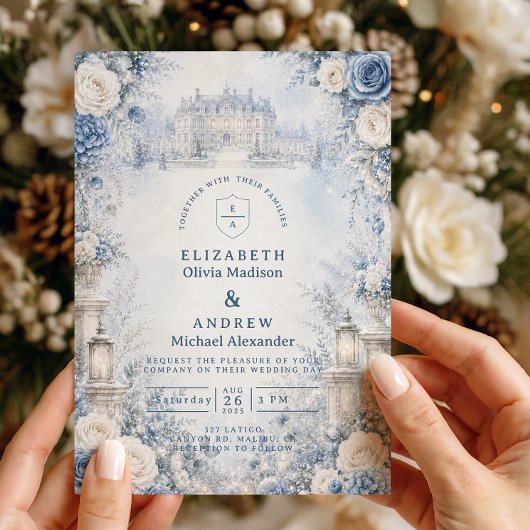 Zeitlos blaue Winterhochzeit Einladung