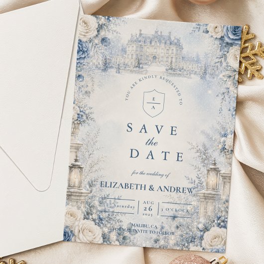 Zeitlos blaue Winterhochzeit Save The Date