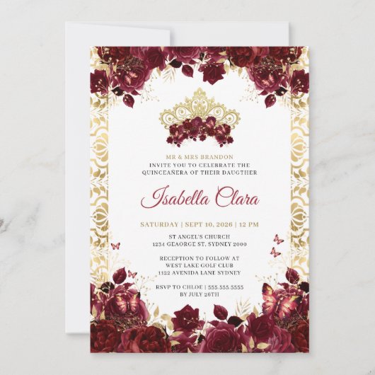 Zeitlos Burgund Floral Gold Arch Quinceanera Einladung (Vorderseite)