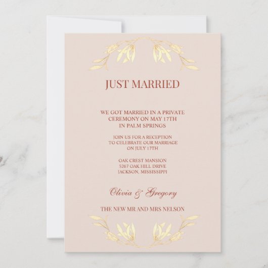 Zeitlos floral rustikal Just verheiratet Einladung (Vorderseite)