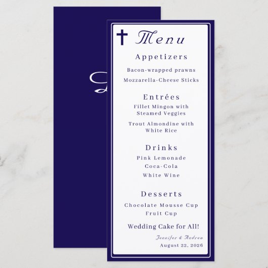 Zeitlos katholisches monogrammiertes Hochzeit Menükarte (Vorne/Hinten)