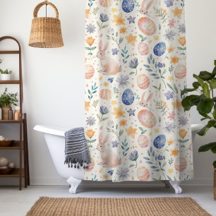 Zeitlose Aquarell-Pastell-Hasen-Blumen-Ostereier Duschvorhang