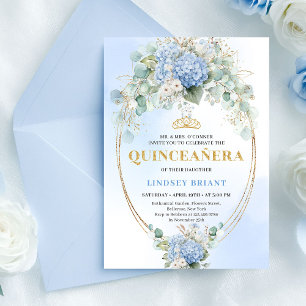Zeitlose blaue Hortensien-Quinceañera-Gold-Einladu Einladung