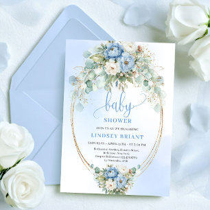 Zeitlose blaue Pfingstrosen-Grün-Baby-Shower-Einla Einladung