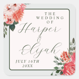 Zeitlose Blütenrot-grüne Hochzeit Quadratischer Aufkleber