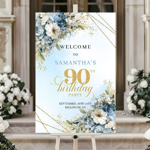 Zeitlose bohemian blaue Blumen Gold 90. Geburtstag Poster