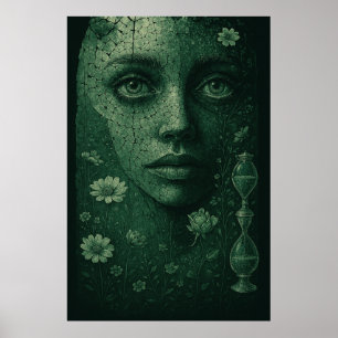 Zeitlose botanische Sanduhr auf dunkelgrüner Leinw Poster