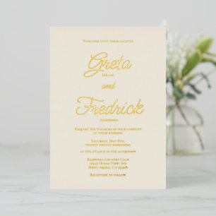 Zeitlose einfache Elegance Gold Script Ecru Weddin Folieneinladung