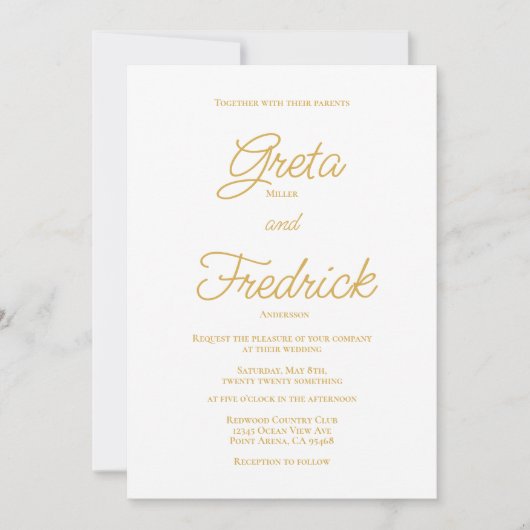 Zeitlose einfache Elegance Gold Script Hochzeit Einladung (Vorderseite)