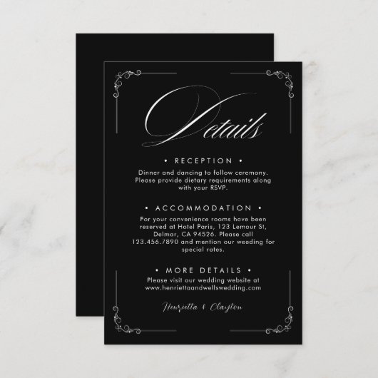 Zeitlose Elegance Black Wedding Details Card Begleitkarte (Vorne/Hinten)