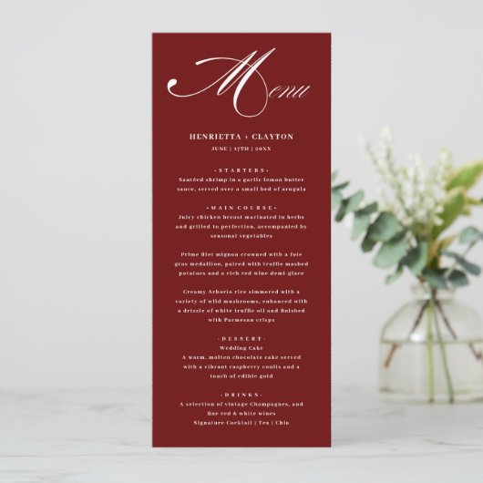 Zeitlose Elegance Burgundy Wedding Menu Menükarte (Stehend Vorderseite)