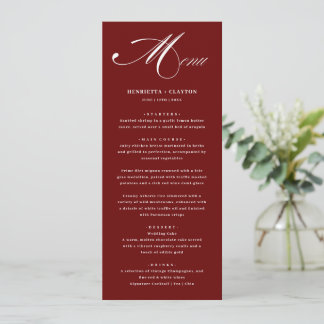 Zeitlose Elegance Burgundy Wedding Menu Menükarte