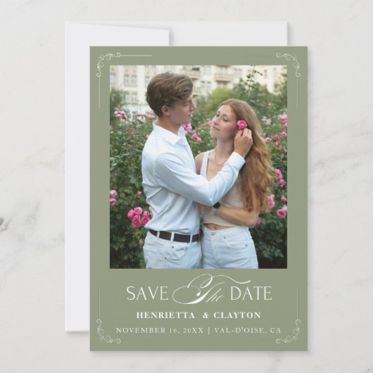 Zeitlose Elegance Sage Green Save The Date (Vorderseite)