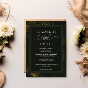 Zeitlose, elegante, dunkelgrüne und goldene Blumen Einladung