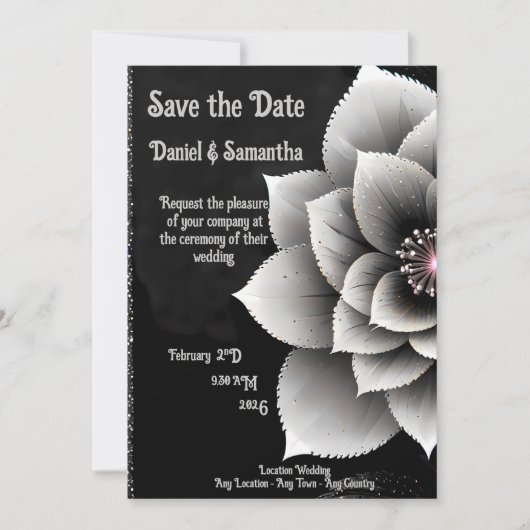 Zeitlose Eleganz: Schwarz & Silber Blossom Hochzei Einladung (Vorderseite)