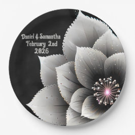 Zeitlose Eleganz: Schwarz & Silber Blossom Hochzei Pappteller