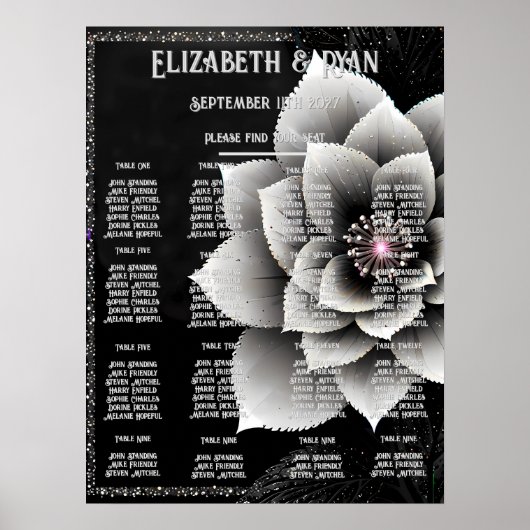Zeitlose Eleganz: Schwarz & Silber Blossom Hochzei Poster (Vorne)