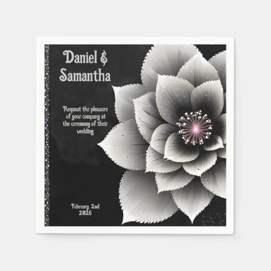 Zeitlose Eleganz: Schwarz & Silber Blossom Hochzei Serviette (Vorderseite)