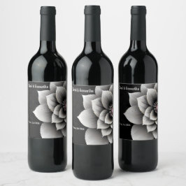 Zeitlose Eleganz: Schwarz & Silber Blossom Hochzei Weinetikett