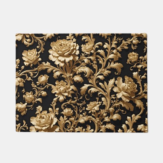 Zeitlose Eleganz: Schwarze und goldene Flora Fußmatte (Vorderseite)