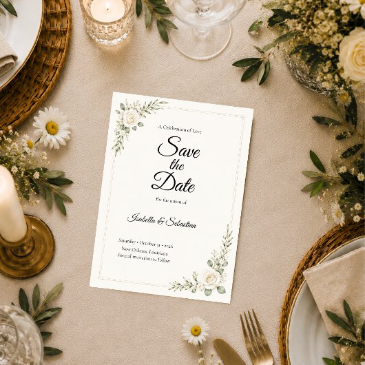Zeitlose Elfenbein-Rosen-Minimalismus-Hochzeit Save The Date