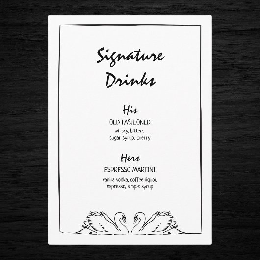 Zeitlose handgezogene Swan-Signature-Drinks Hochze Menükarte