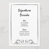 Zeitlose handgezogene Swan-Signature-Drinks Hochze Menükarte (Vorderseite)