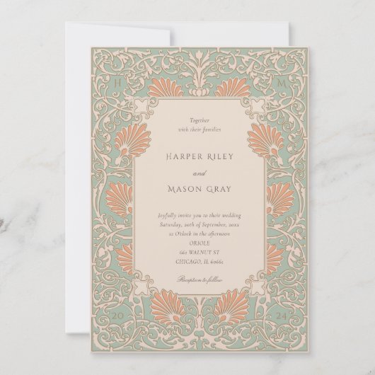 Zeitlose Jugendstil-Hochzeit im Meer und Peach Einladung (Vorderseite)