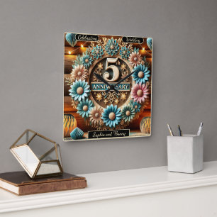 Zeitlose Liebe: Fünfter Jahrestag des Blumenhandel Quadratische Wanduhr