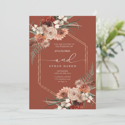 Zeitlose moderne Drehung Terracotta Frame Wedding Einladung (Stehend Vorderseite)