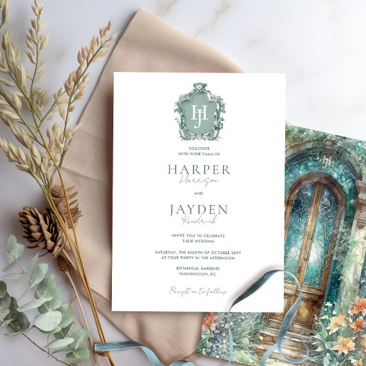 Zeitlose Monogramm, grüne, blaue Aquamarine Hochze Einladung