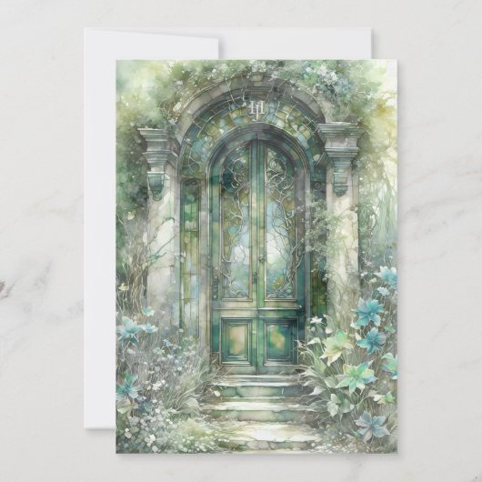 Zeitlose Monogramm, schick grüne Hues Hochzeit Einladung (Rückseite)