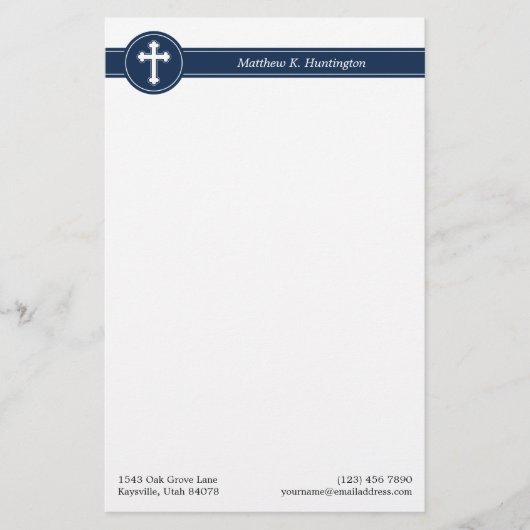 Zeitlose Navy Blue Cross Name & Kontaktinformation Briefpapier (Vorderseite)