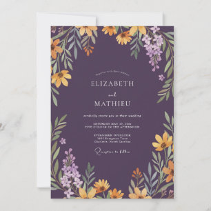 Zeitlose Pflaumen-Senf-Wildblumen-Hochzeit Einladung